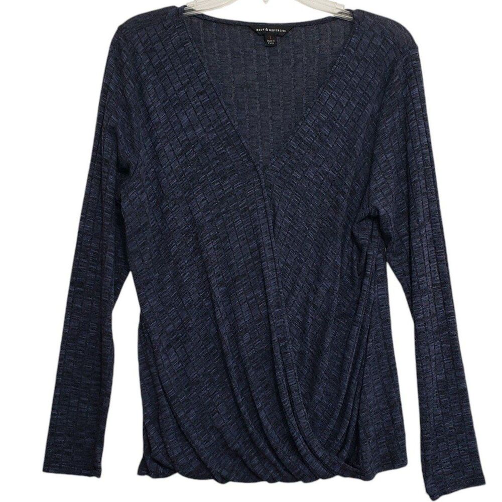 NEW Rock & Republic Woman's Long Sleeve Navy V-Neck Crossover Blouse, Size Large